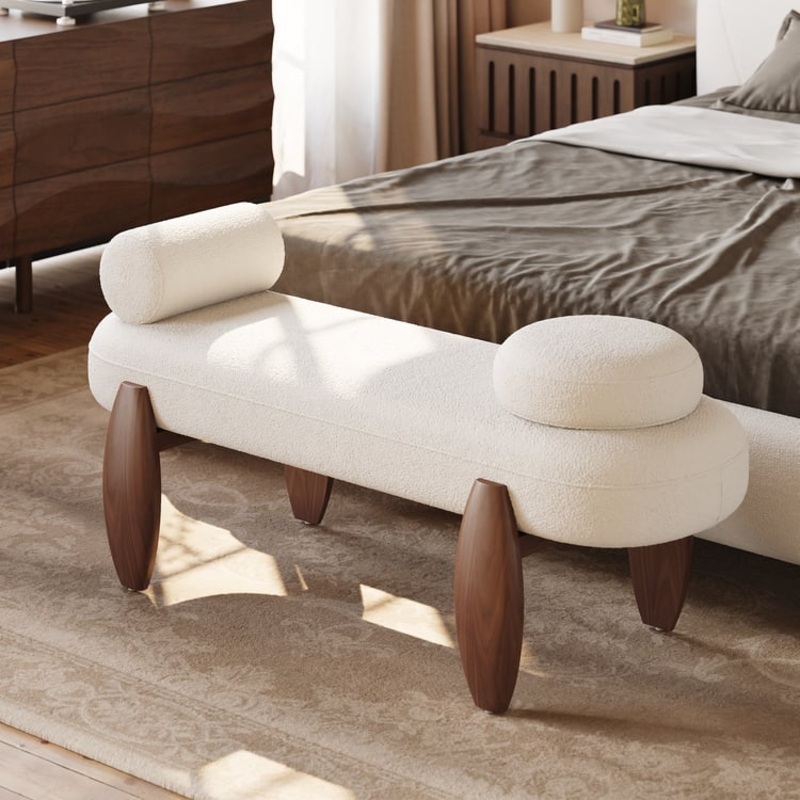 53″ Modern Boucle Bedroom Bench with Rubber Wood Legs