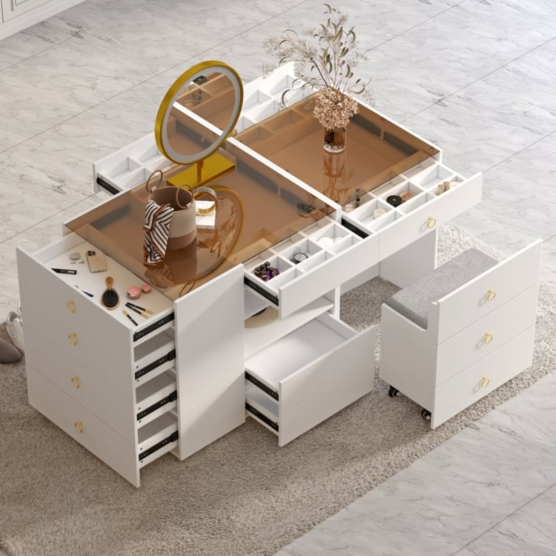 59″ Vanity Dresser Glass Top Walk in Closet Island with Storage & Stool