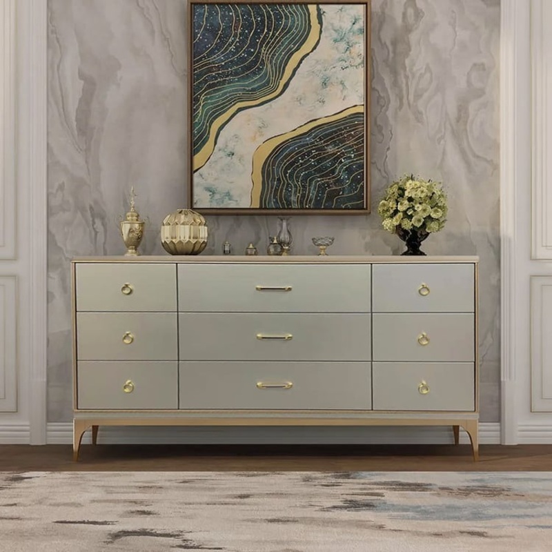 63″ Contemporary 9-Drawer Champagne Bedroom Dresser for Storage in Gold