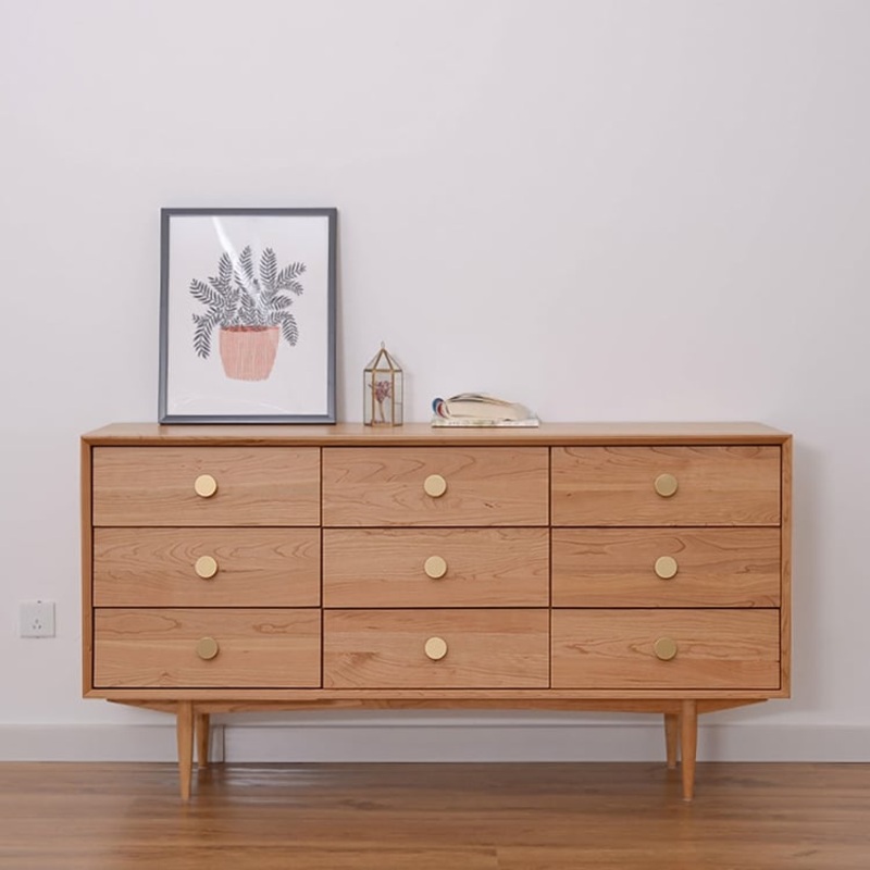 63″ Rustic Bedroom Dresser with 9 Drawers Wooden Chest of Drawers with Gold Knobs