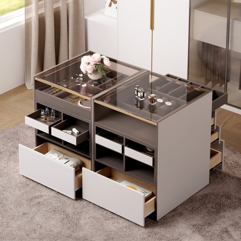 Saddle Leather 7-Dresser Walk-In Closet Island with Light & Jewelry Display Set of 2