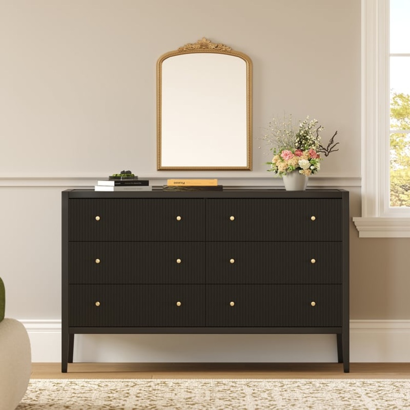 Stria 47″ Fluted Black 6-Drawer Dresser with Charging Station