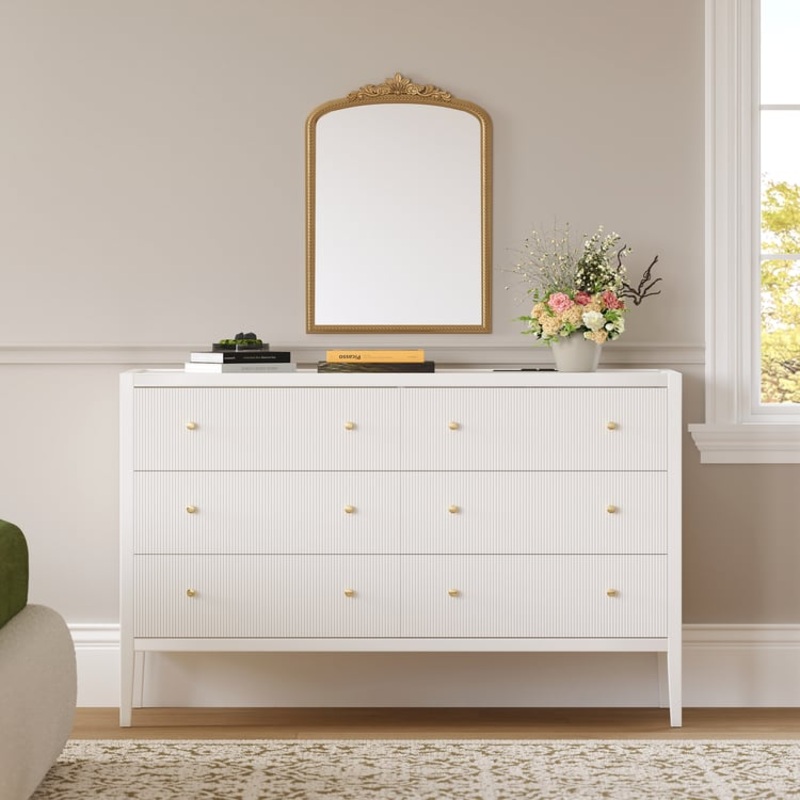 Stria 47″ Fluted White 6-Drawer Dresser with Charging Station