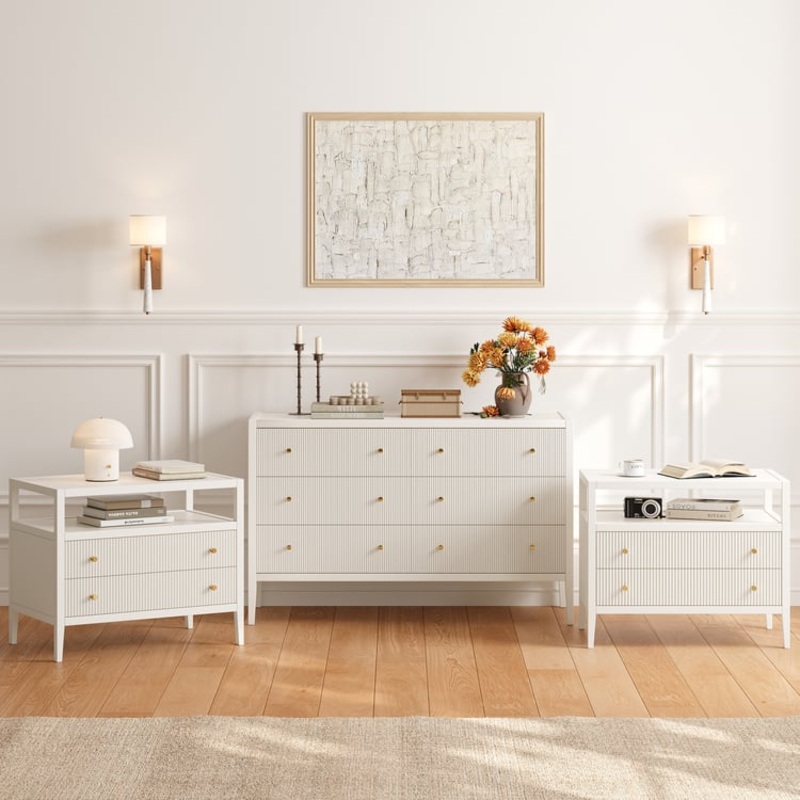 Stria White Fluted 6-Drawer Dresser & 2 Wide Nightstands Set