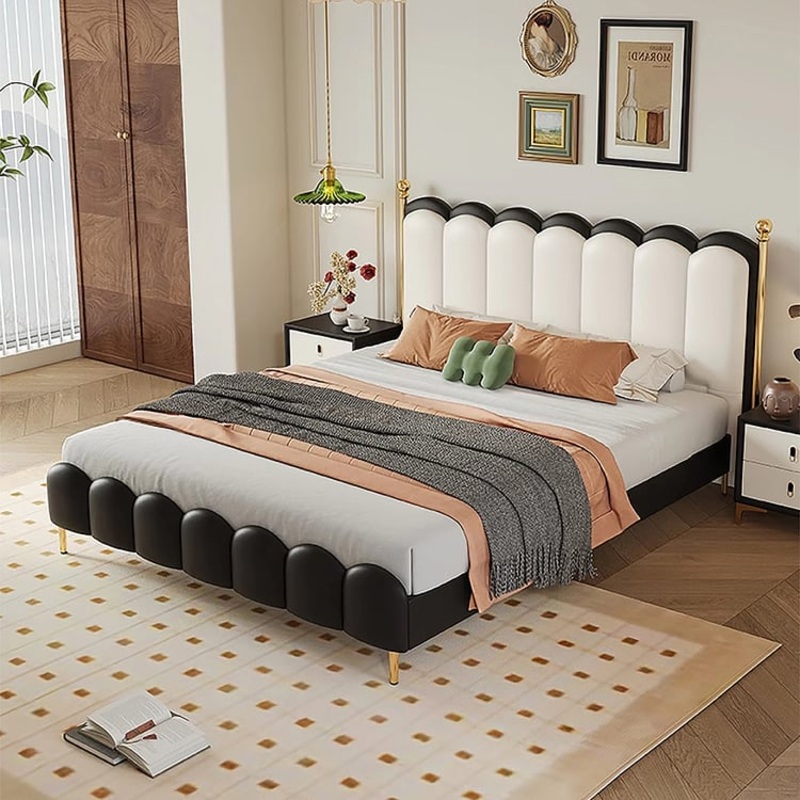 White & Black Faux Leather Curved Upholstered King Bed Frame