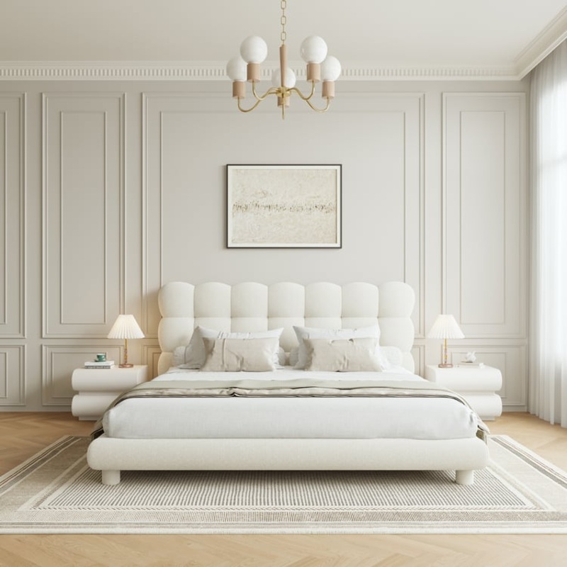 White Boucle Upholstered Platform Bubble King Bed Frame & 2 Smart Nightstands Set