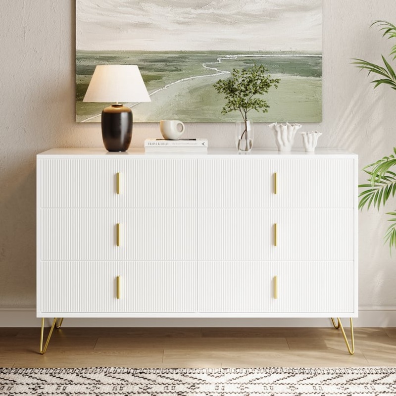 White Dresser with 6-Drawers Modern Buffet Cabinet with Storage