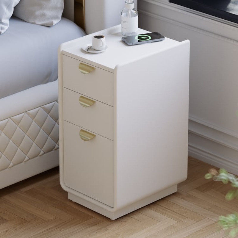 12″ White Leather Narrow Nightstand with Wireless Charger