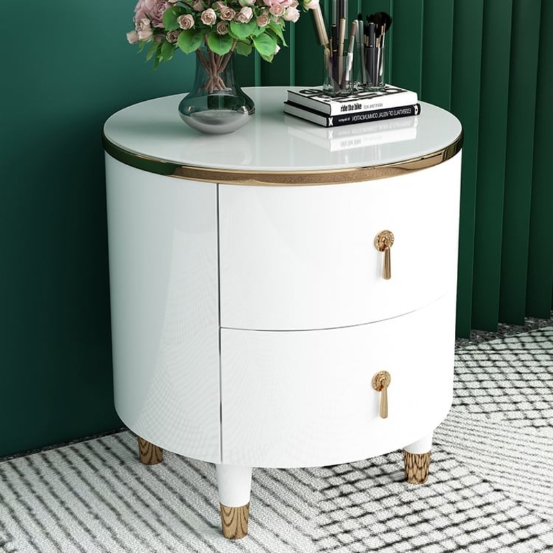 2-Drawer Round Nightstand Modern White Nightstand in Gold Finish