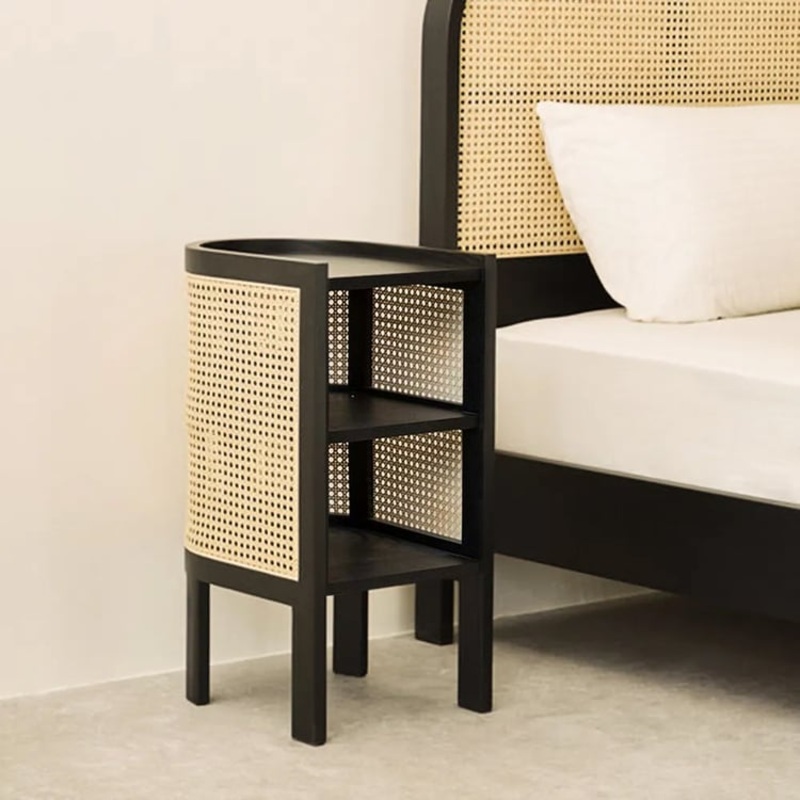 24″ Black Nightstand Semi-Circle Rattan Bedside Table with 1 Shelf