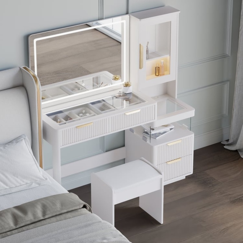 50″ Fluted Makeup Vanity Set with Charger & LED Mirror