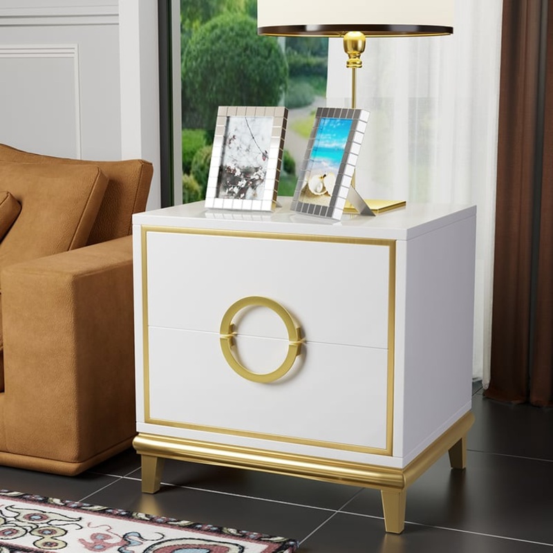 Tile White Modern Bedroom Nightstand with 2 Drawers in Gold Legs