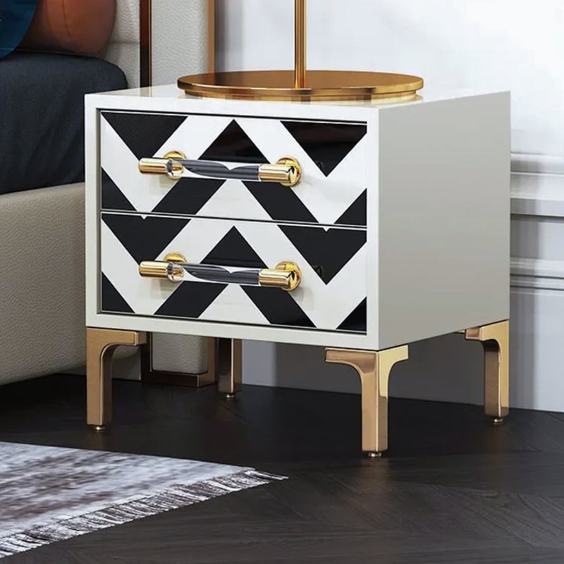 Waveo 2 Drawers Black & White Nightstand with Drawer Modern Bedside Table Gold Legs