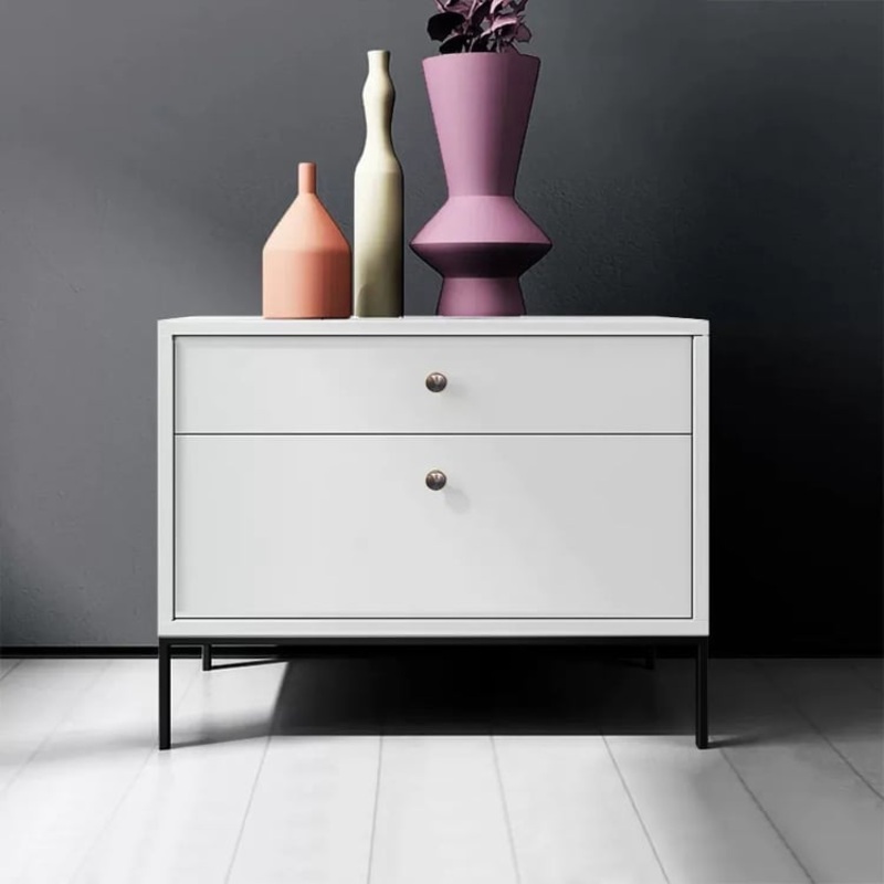 White Bedroom Nightstand with 2-Drawer Modern Bedside Table Metal