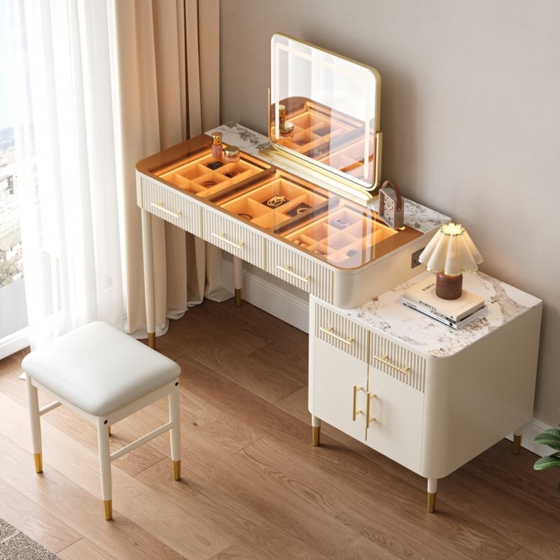 White Glass Sintered Stone Top Makeup Vanity Set with Mirror