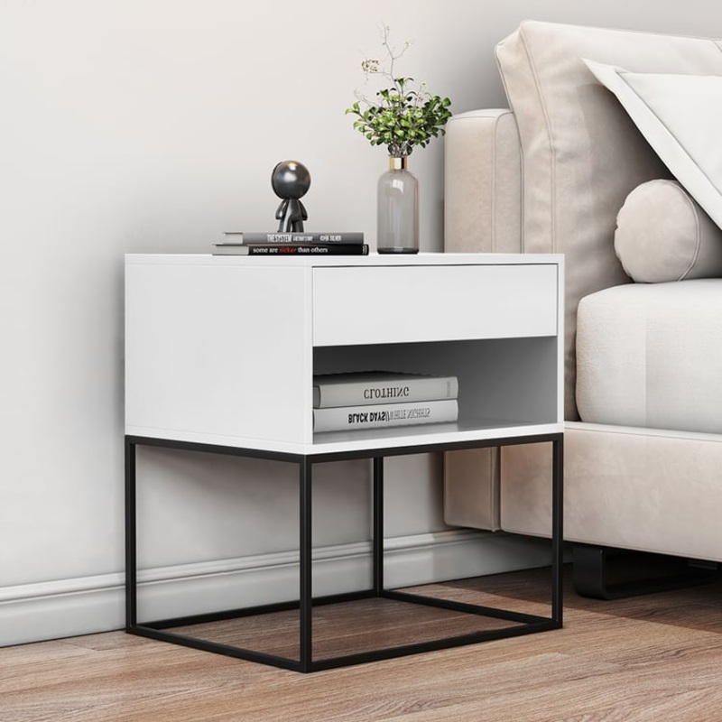 White Lacquer Bedside Table with 2 Drawers with Stainless Steel Frame