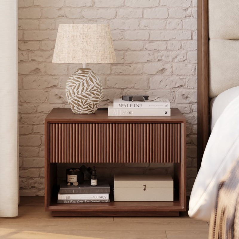 22″ Walnut Floor Fluted Nightstand with Open Storage & Charging Station