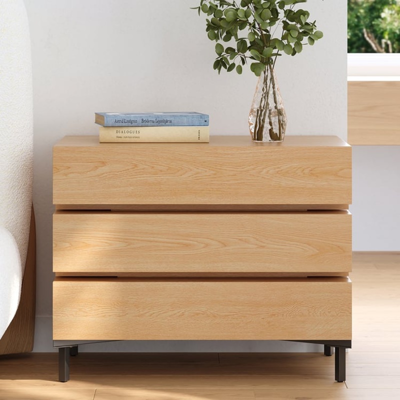 30″ Retractable 3-Drawer Natural Wood Wide Nightstand