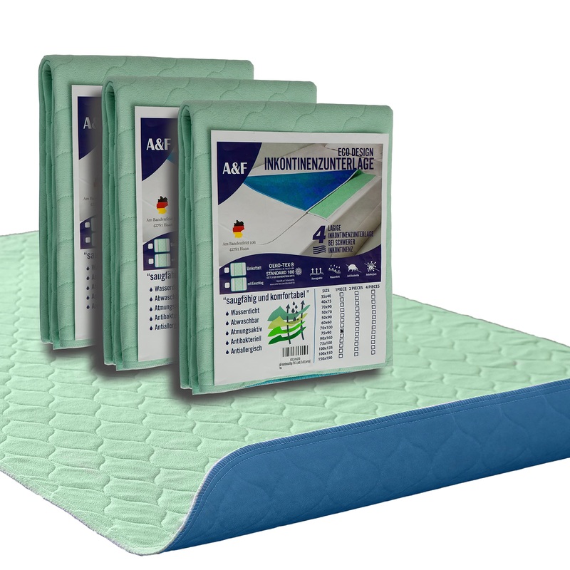 A&F incontinence edition 75×90 (3-pack) -4 layer bis 26280ml/m suction power tunnel pad washingly incontinence pad washable mattress pad for baby bed and cot (75×90 (3 er)) 75×90 3 Pack
