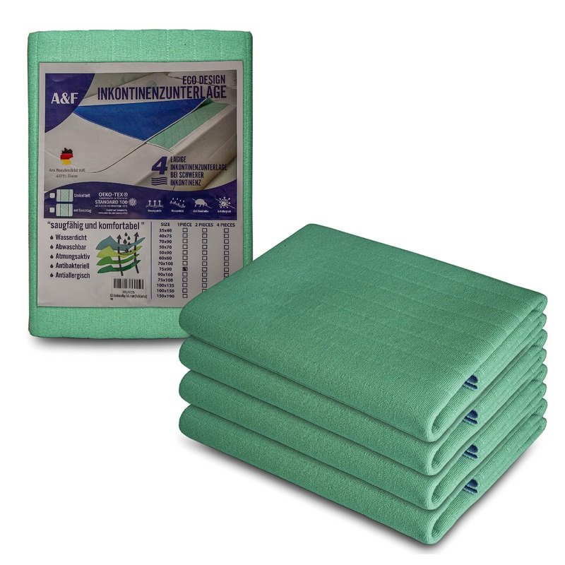 A&F incontinence edition 75×90 (4-pack) -4 layer to 26280ml/m suction power hospital pad washing-incontinence pad washable mattress pad for baby bed and cot 75×90 4 Pack