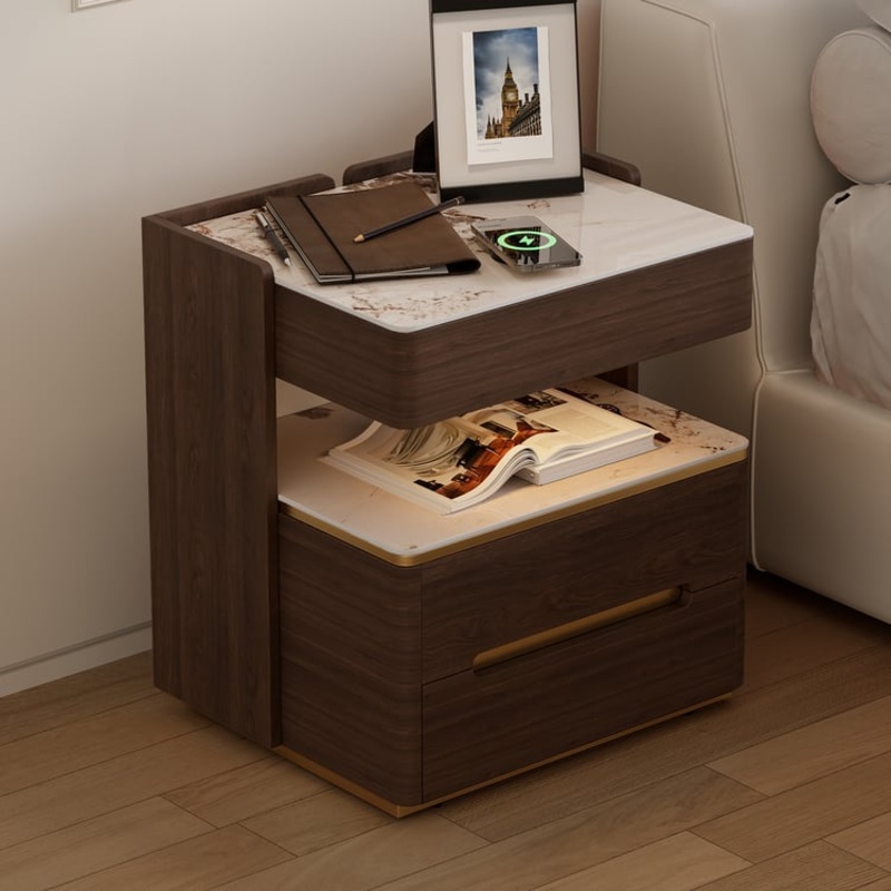 Vailora Smart Walnut Nightstand with Wireless Charger & Sensor Light Bluetooth Speakers