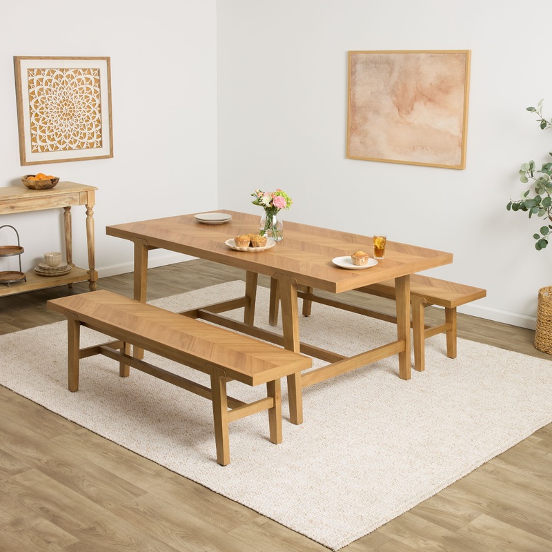 Zane Herringbone Parquet 3 Piece Dining Set with Benches