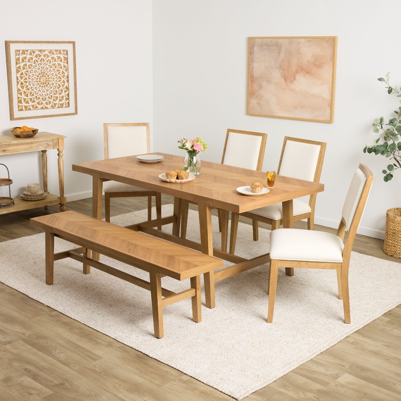 Zane Warm Wheat Wood Herringbone Parquet 6 Piece Dining Set