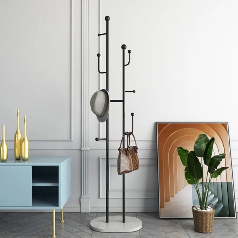 16″ Modern Entryway Freestanding Coat Rack Metal 7 Hooks Marble Base in Black