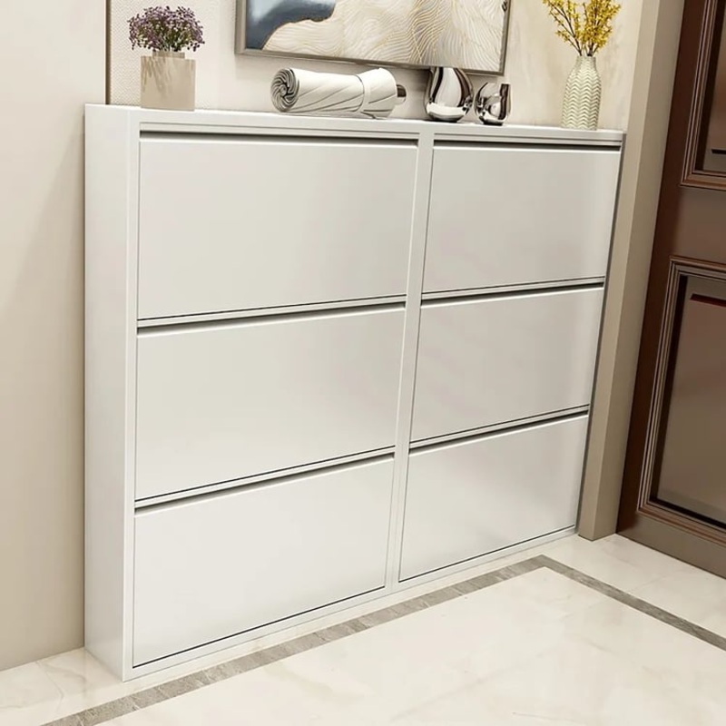 26″ White Narrow 3 Tiered Shoe Storage Cabinet Wall Mounted in Medium