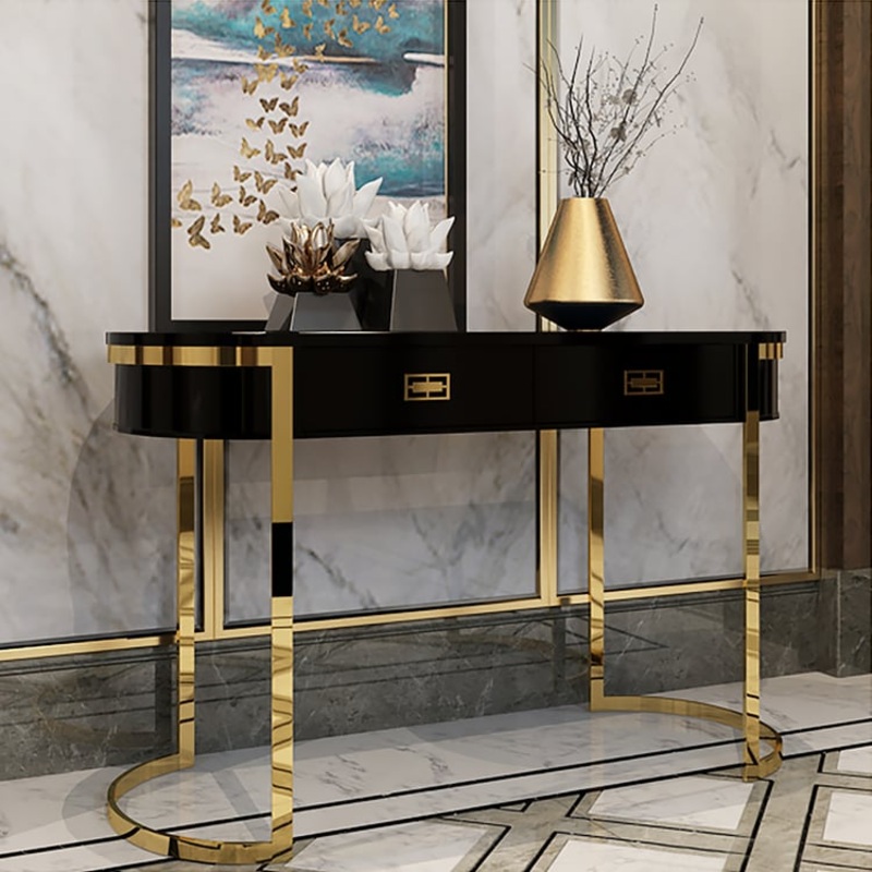 39.4″ Black Modern Console Table with Drawers and Double Stainless Steel Sled