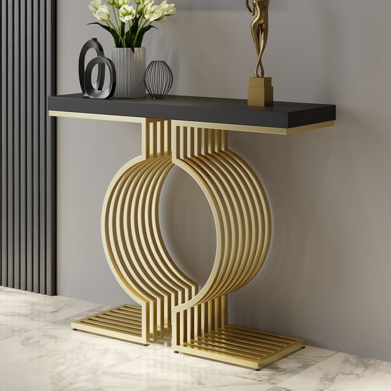 39.4″ Modern Narrow Console Table with Geometric Metal Base Black Entryway Table