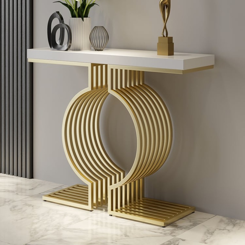 39.4″ Modern Narrow Console Table with Geometric Metal Base White Entryway Table