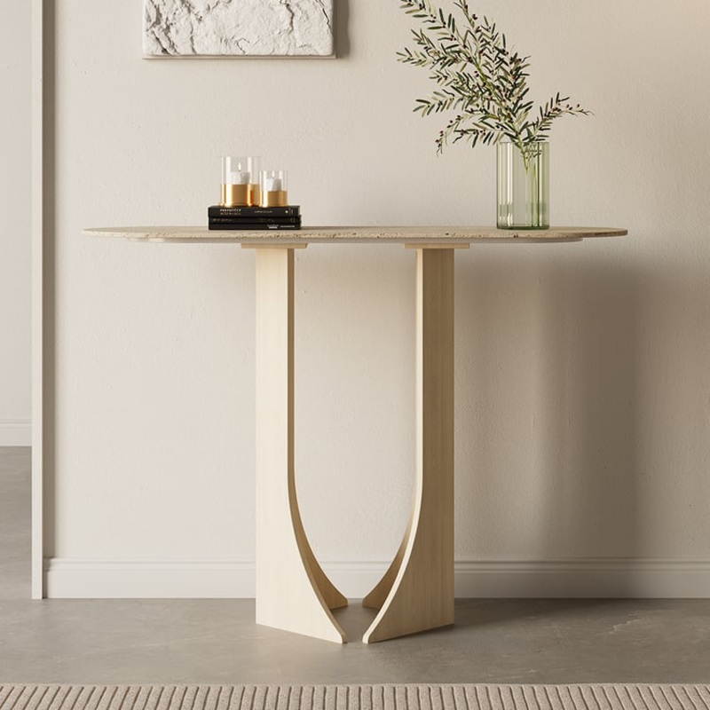 39.4″ Oval Travertine Stone Console Table Modern Entryway Table with Abstract Base