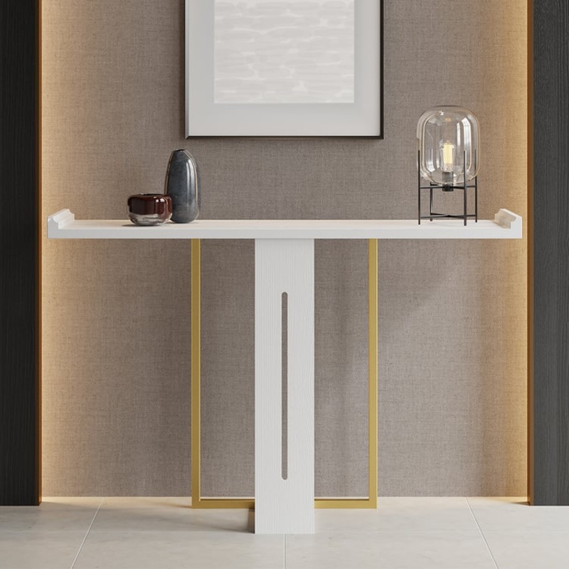 39″ Narrow Console Table for Entryway Foyer White Solid Wood & Gold Metal in Small
