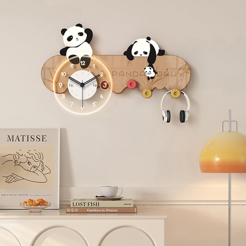 4-Hook Wall Mounted Decorative Panda Coat Rack with 9.8” LED Acrylic Clock
