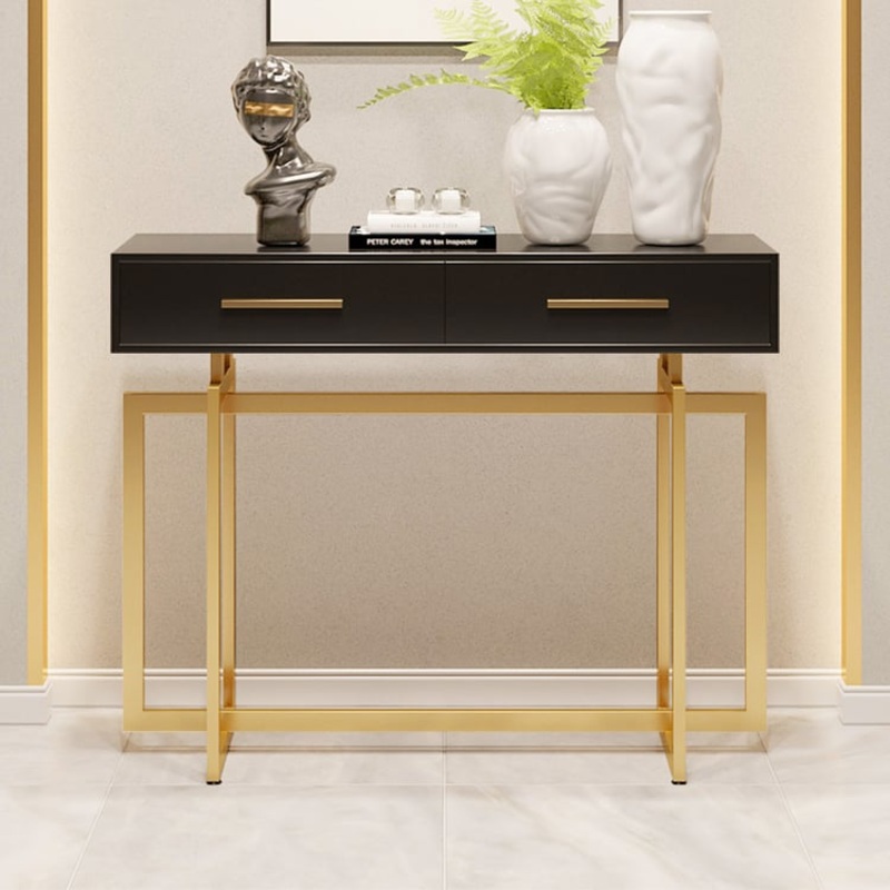 40″ Modern Narrow Black Console Table with Storage Drawers and Metal Legs in Gold