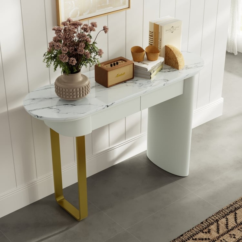 45″ White Marble Console Table with 2-Drawer