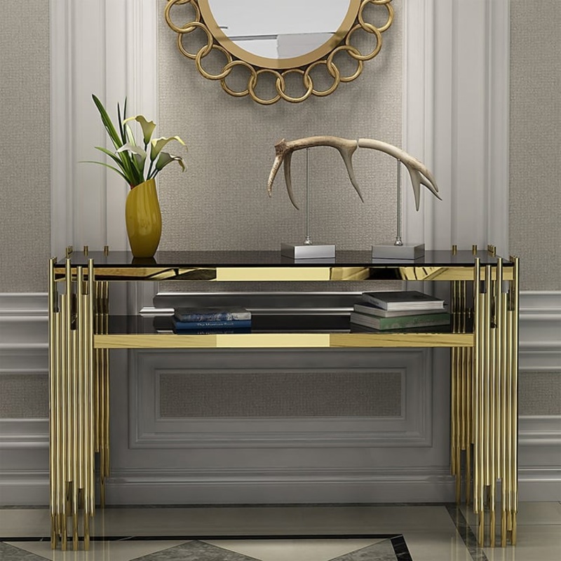 47.2″ Modern Black Faux Marble Narrow Console Table with Storage Shelf and 4 Gold Legs