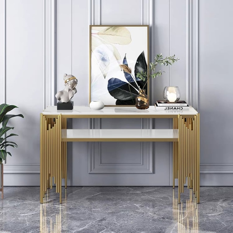 47.2″ Modern White Faux Marble Narrow Console Table with Storage Shelf and 4 Gold Legs