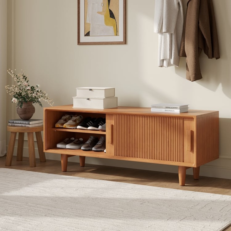 47.2″ Solid Rubberwood Natural Entryway Bench with Storage