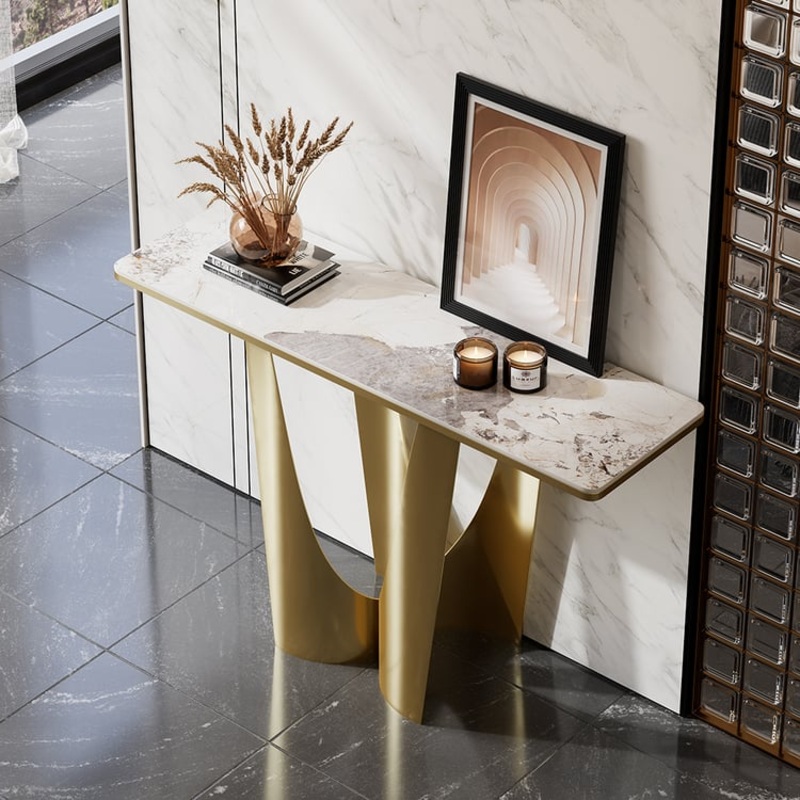 47″ Art Deco White & Gold Console Table with Sintered Stone Top & Stainless Steel Base