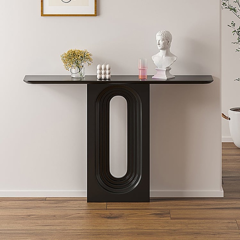47″ Japandi Narrow Wood Black Console Table with Geometric Pedestal Entryway Table