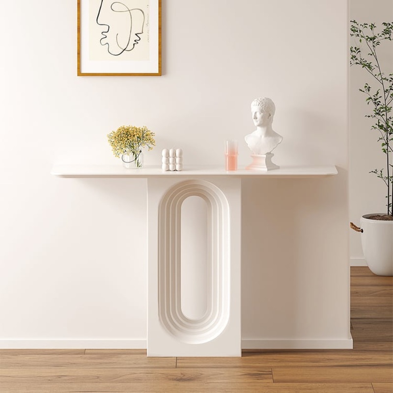 47″ Modern Narrow Wood White Console Table with Geometric Pedestal Entryway Table