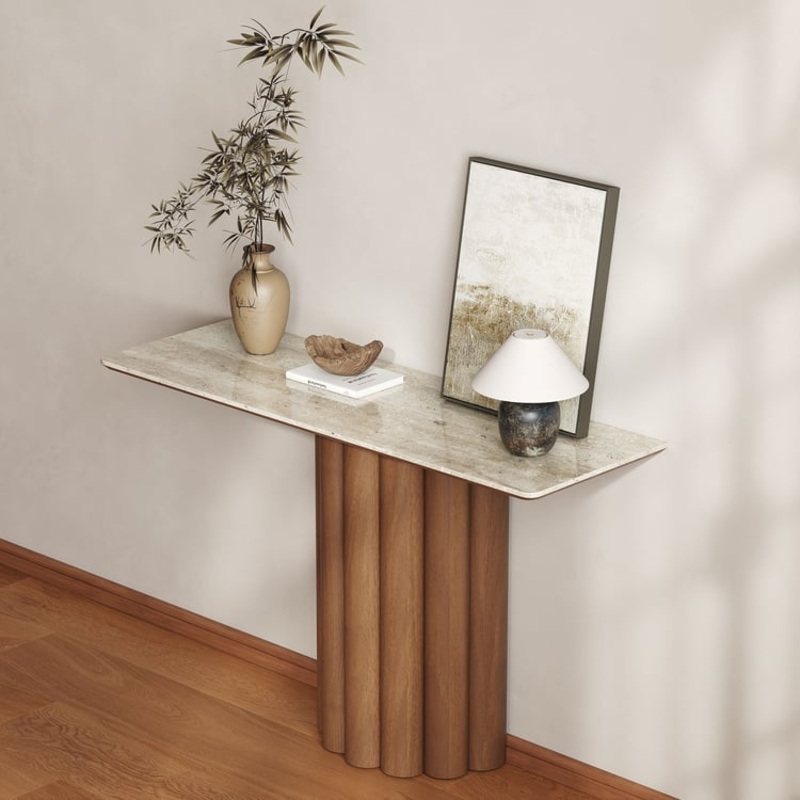 47″ Travertine Top Solid Wood Fluted Console Table