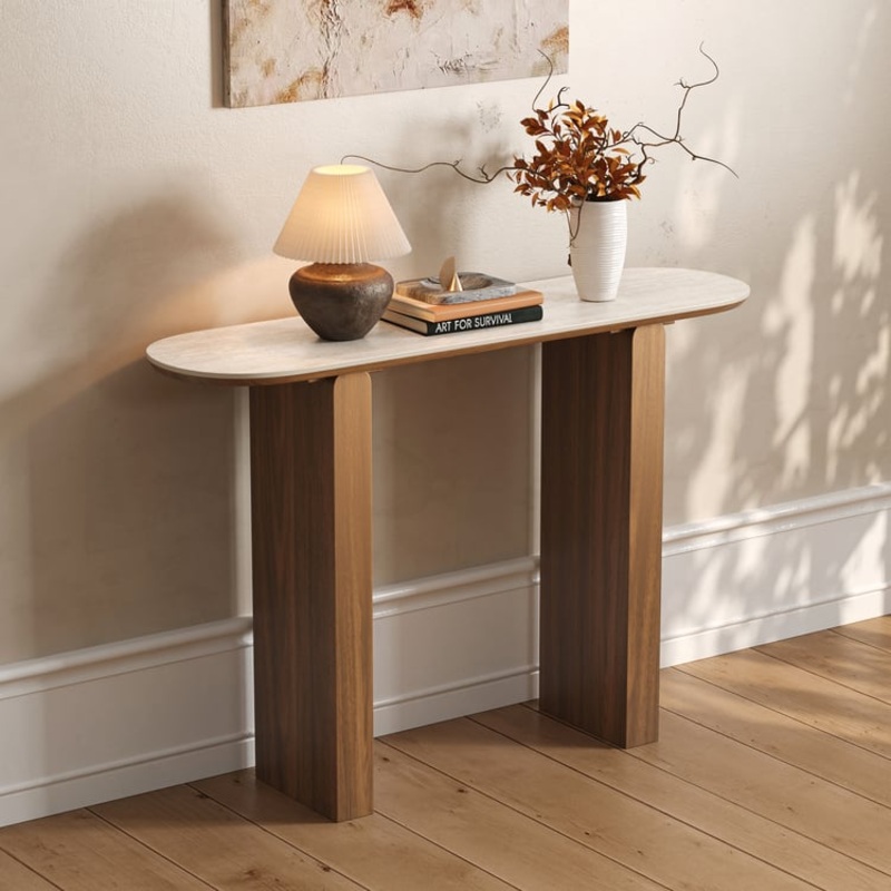 47″ Vintage Oval Faux Travertine Console Table