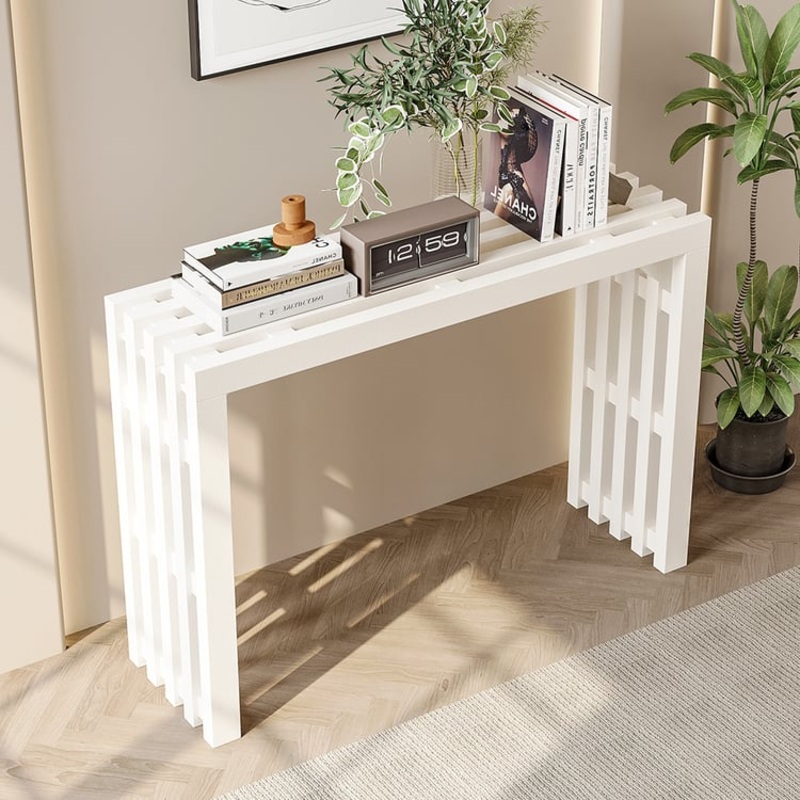 48″ Modern White Waterfall Console Table Narrow Wooden Entryway Table