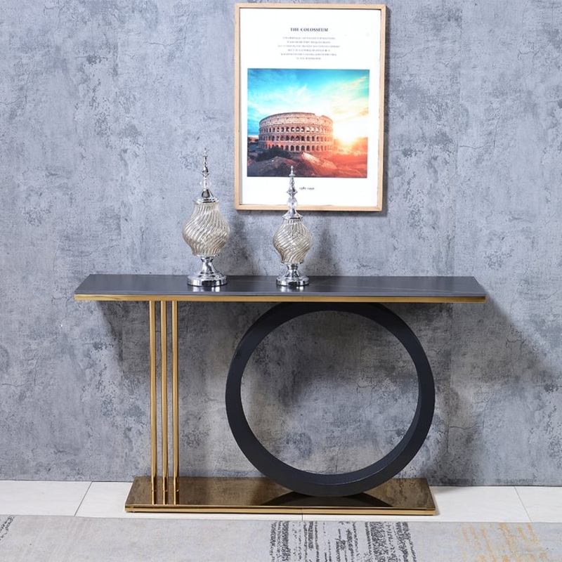 55″ Post Modern Black Geometry Console Table SinteredStone Top Stainless Steel Frame