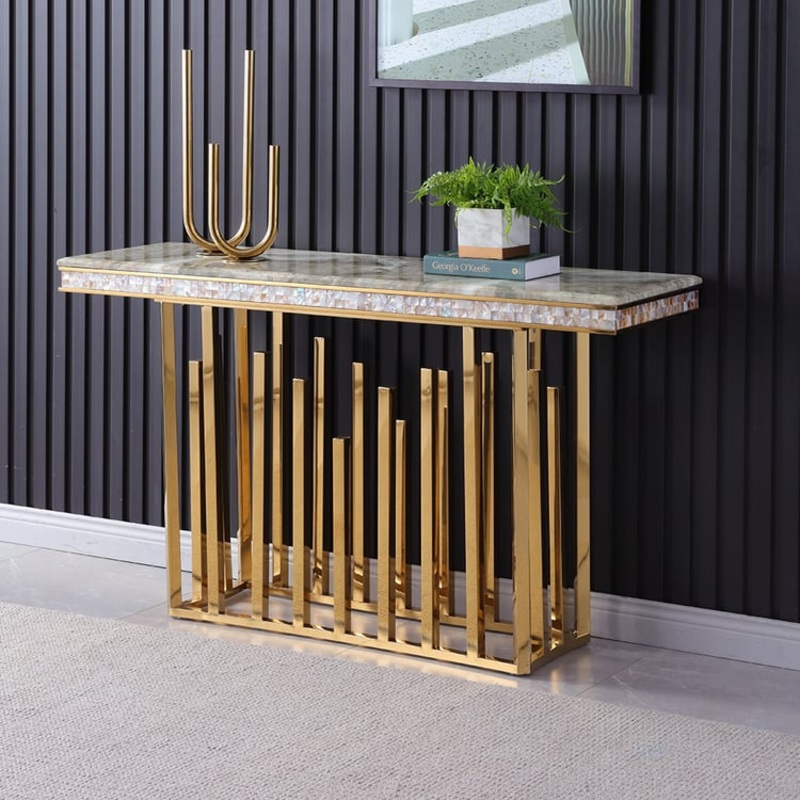 59.1″ Modern Marble Console Table Narrow Entryway Table with Gold Stainless Steel Base
