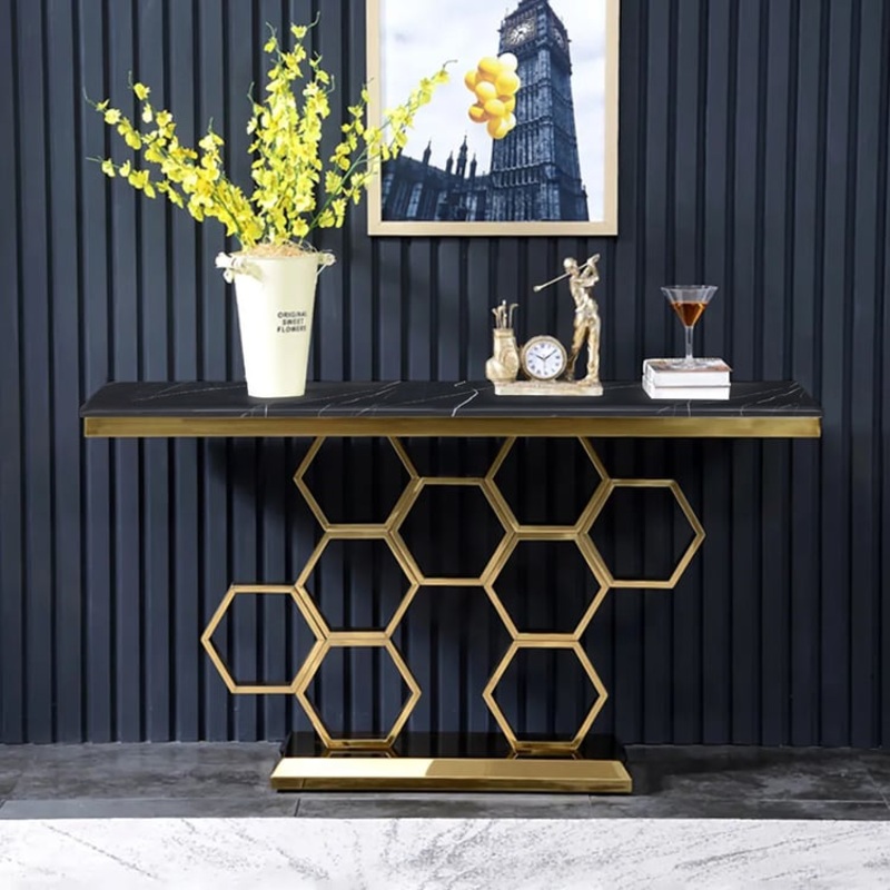 59″ Modern Rectangle Black Marble Console Table Narrow Entryway Table