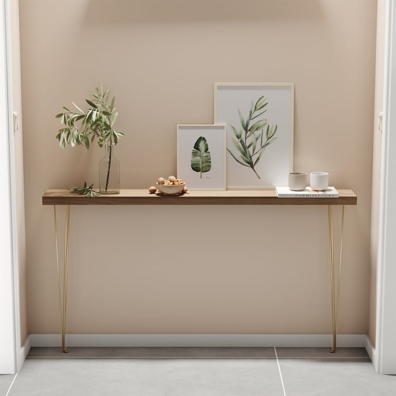 59″ Rustic Walnut Narrow Rectangular Console Table with Wooden Top & Metal Legs